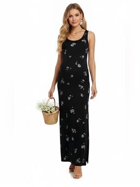 Black Floral Scoop-Neck Maxi Dress